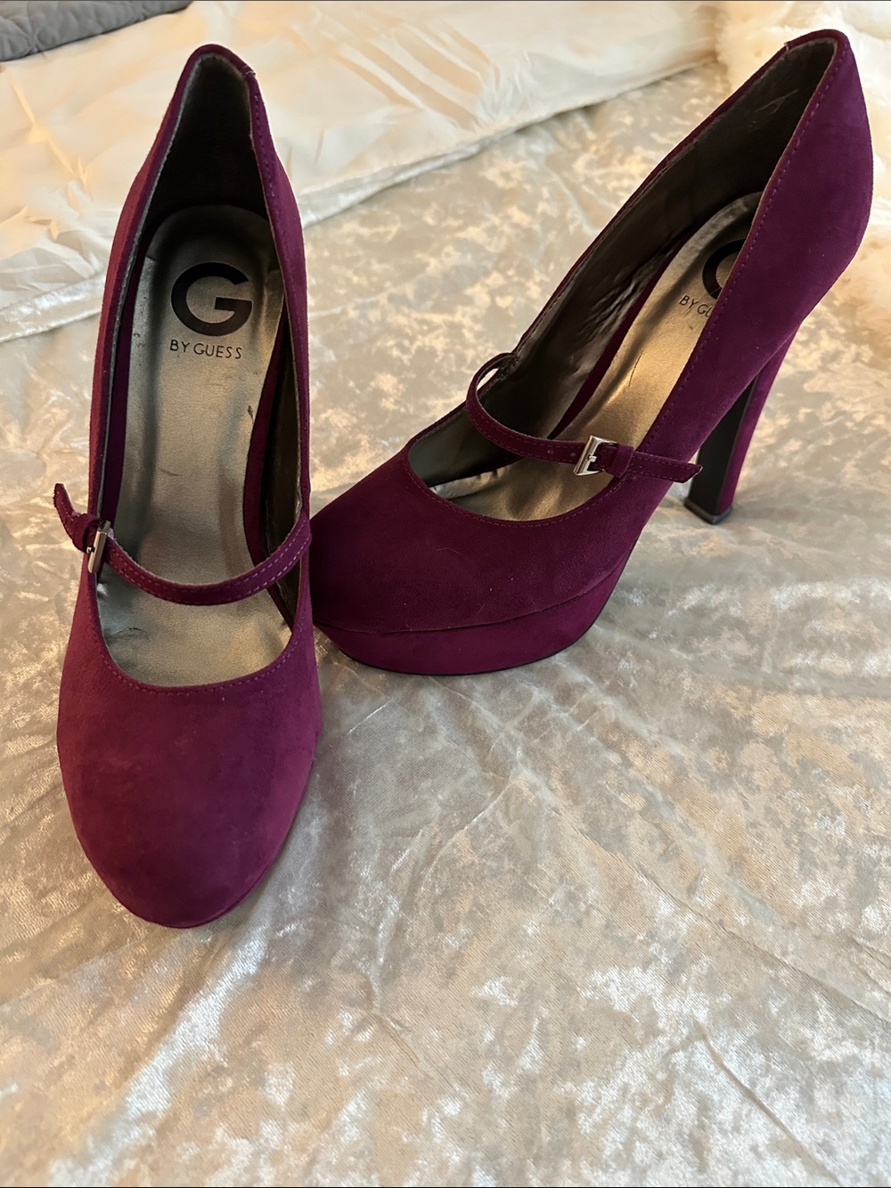 G by Guess Plum Suede Mary Jane Platform Heels